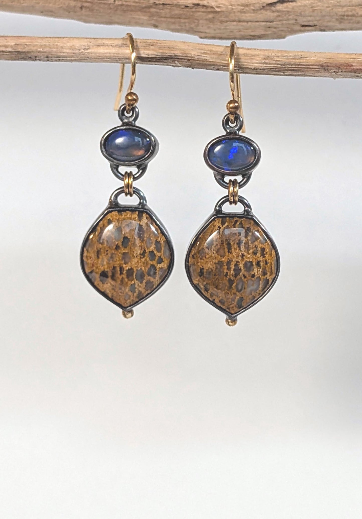 Petrified Palmwood Earrings, Crystal Opal Earrings Oxidized Sterling Silver 18K Gold