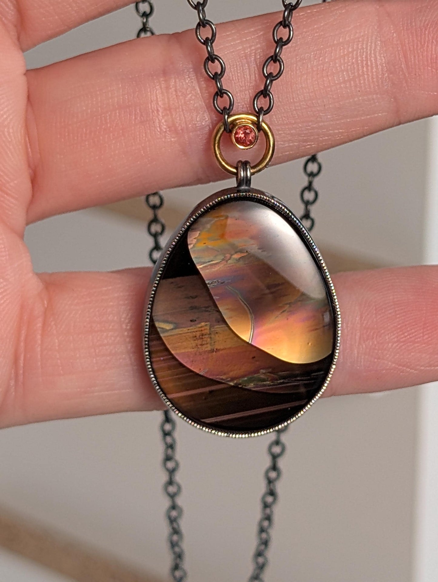 Oregon Fire Obsidian and Oregon Sunstone Pendant, Sterlng Silver and 18K Gold