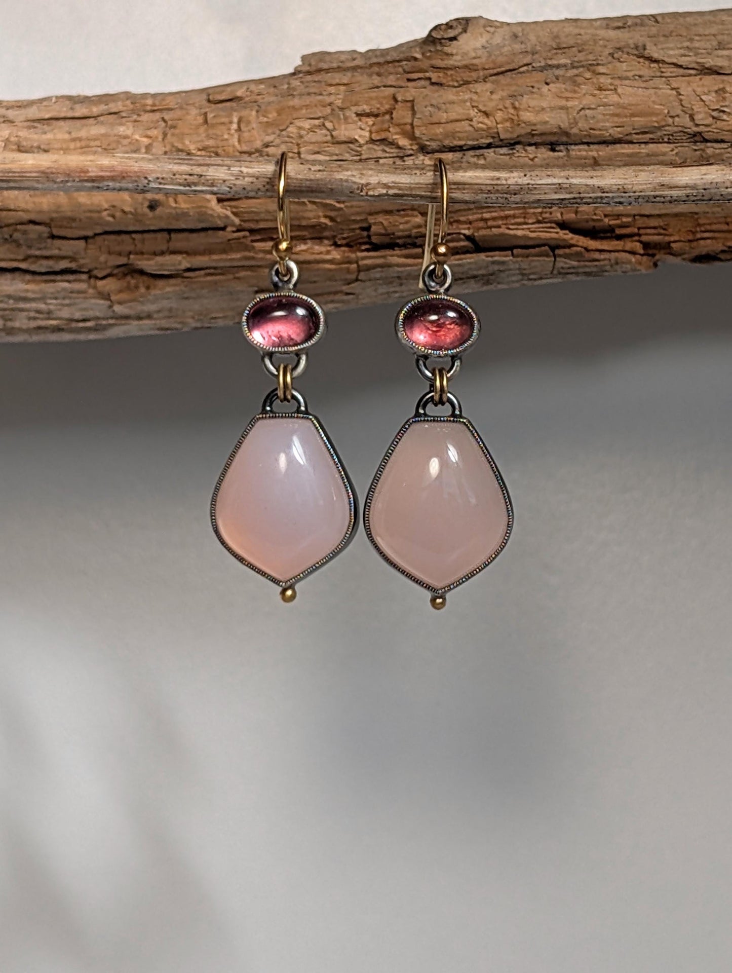 Pink Chalcedony and Pink Tourmaline Earrings, Sterling Silver, 18K Gold