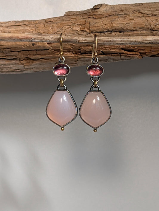 Pink Chalcedony and Pink Tourmaline Earrings, Sterling Silver, 18K Gold