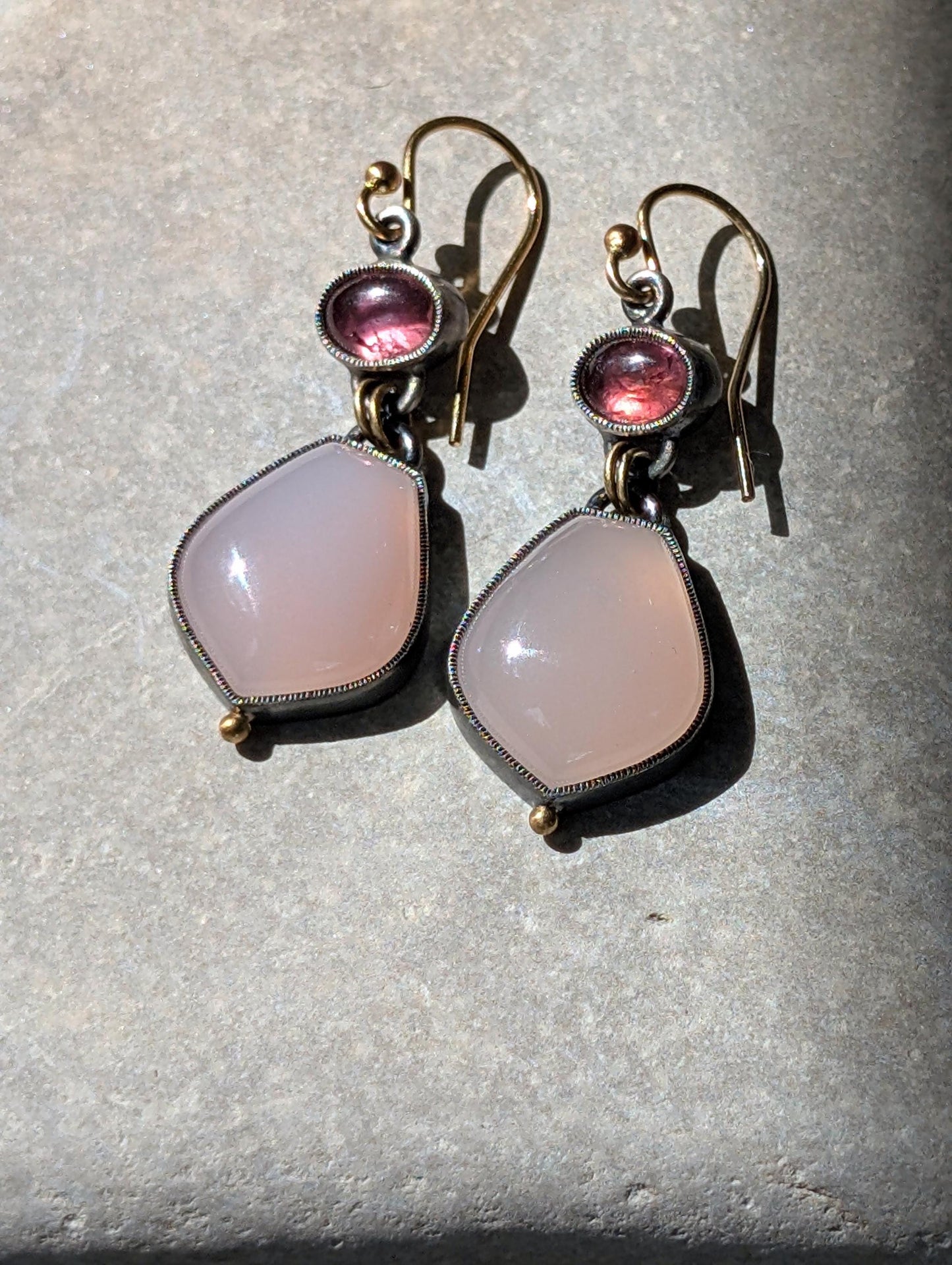 Pink Chalcedony and Pink Tourmaline Earrings, Sterling Silver, 18K Gold