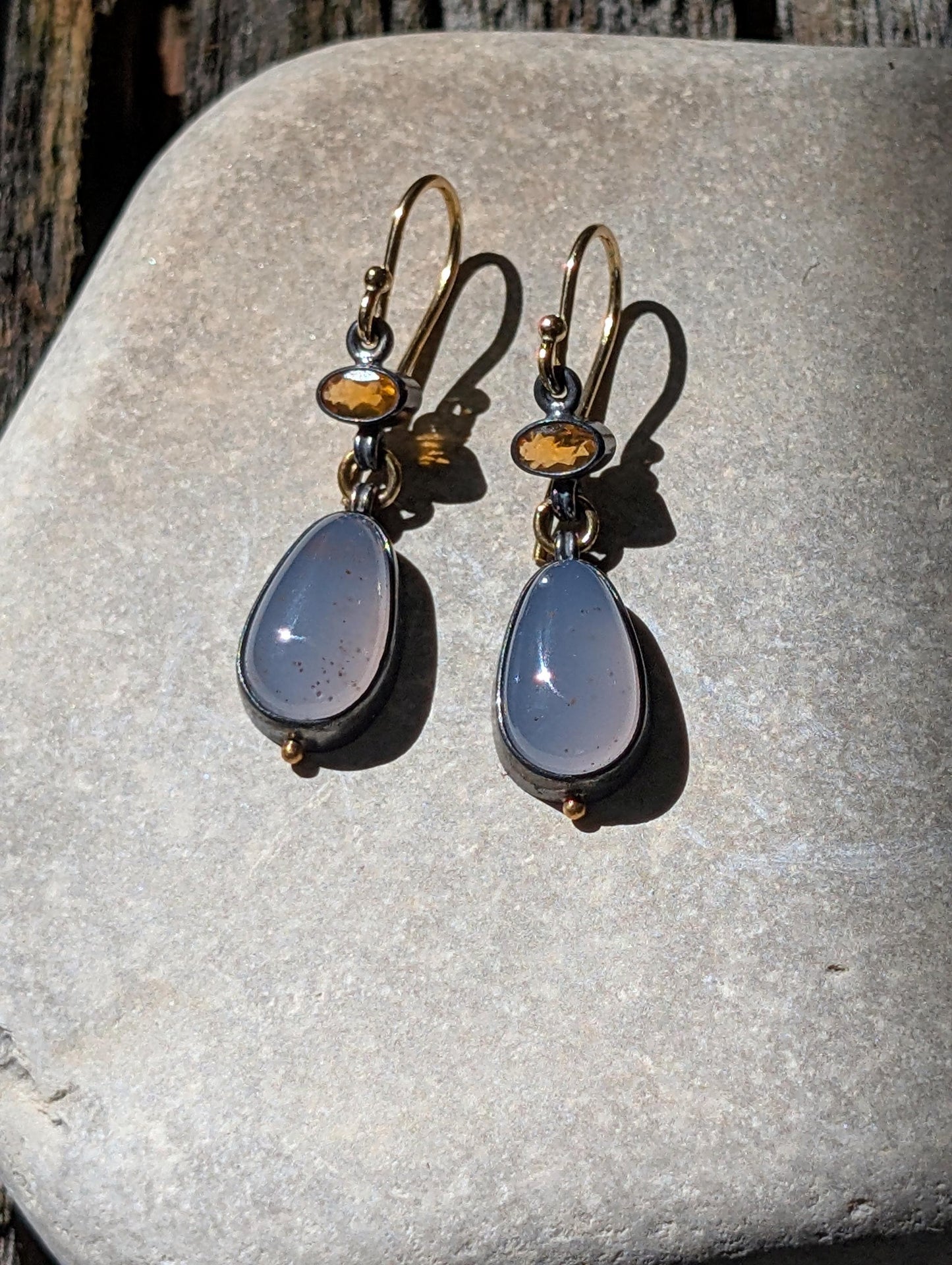 Turkish Blue Chalcedony and Mexican Fire Opal Earrings, Sterling Silver, 18K Gold