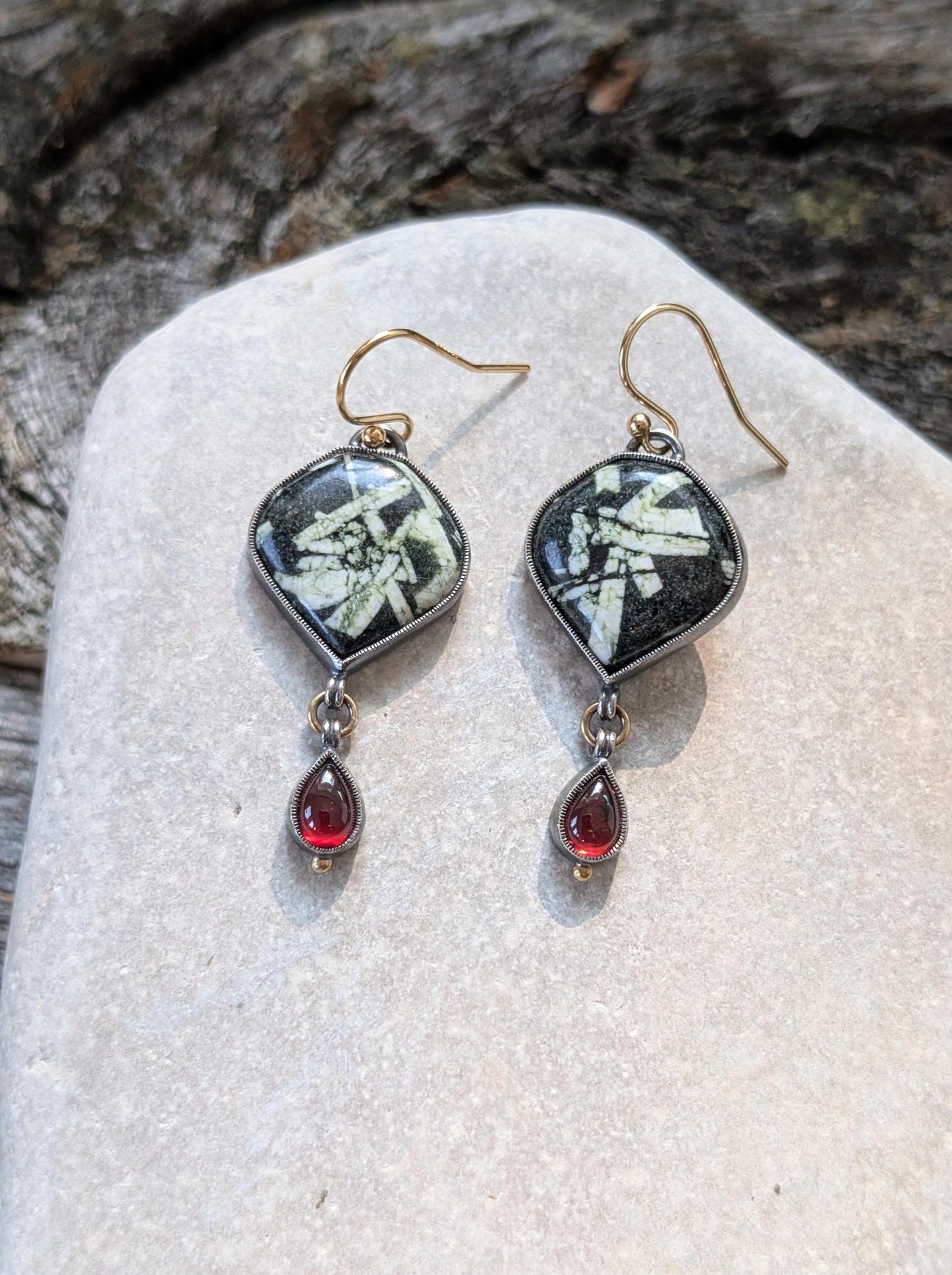 Chinese Writing Stone Earrings, Garnet Earrings, Sterling Silver, 18K Gold