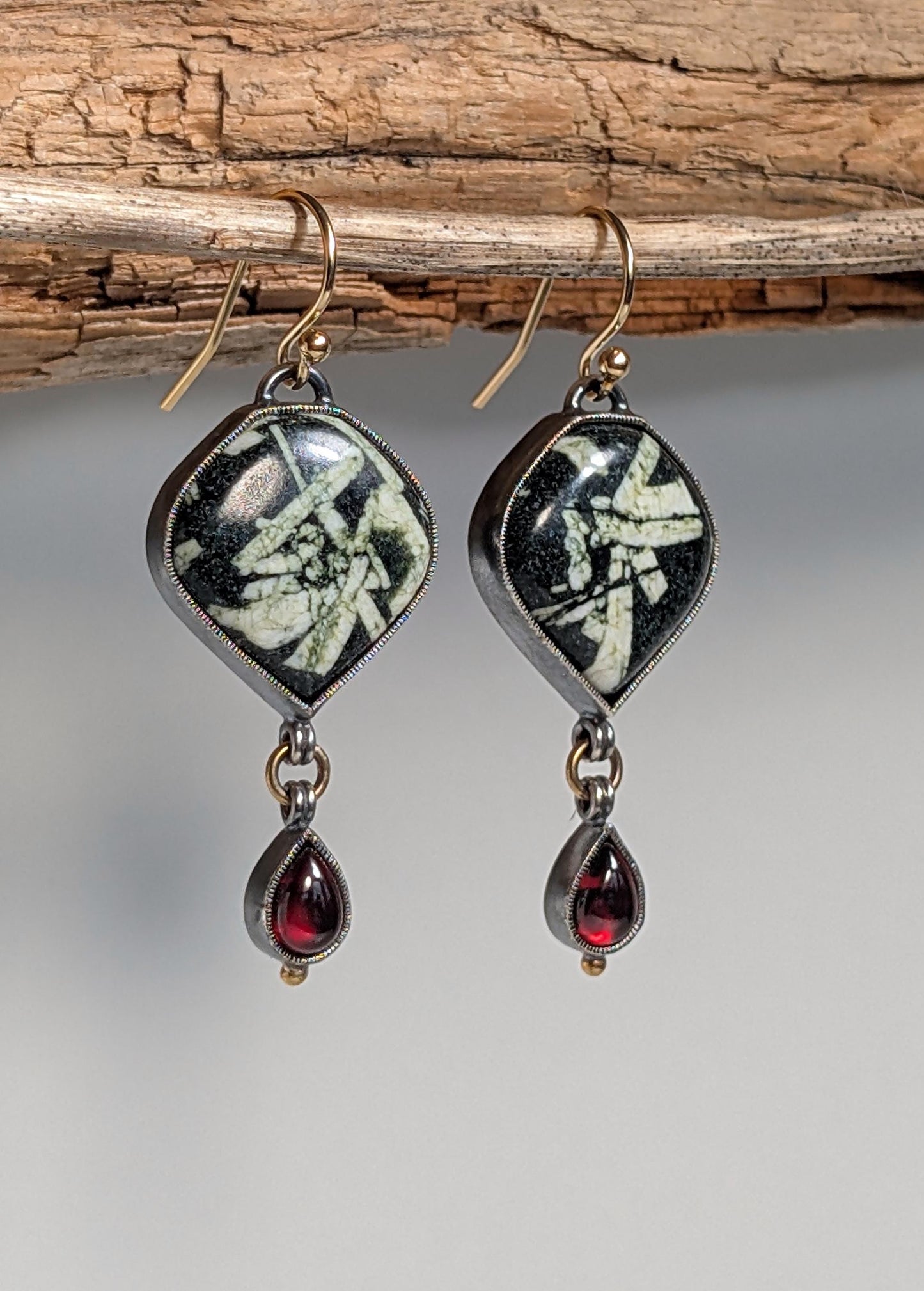 Chinese Writing Stone Earrings, Garnet Earrings, Sterling Silver, 18K Gold
