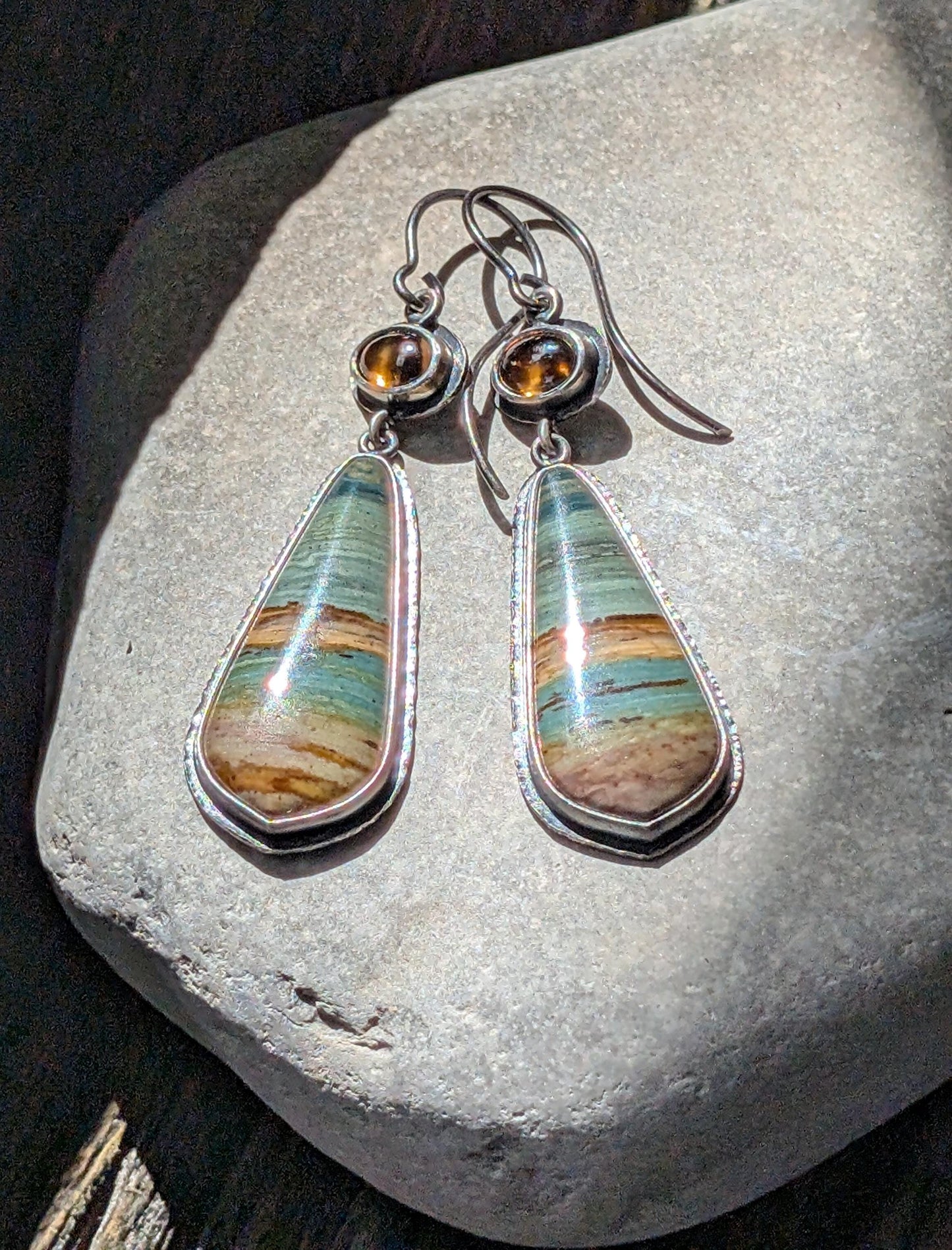 Gary Green Jasper Earrings, Cognac Zircon Earrings, Sterling Silver