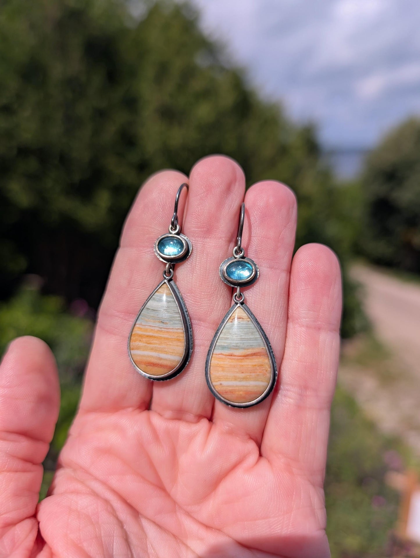 Gary Green Jasper Earrings, Blue Apatite Earrings, Sterling Silver