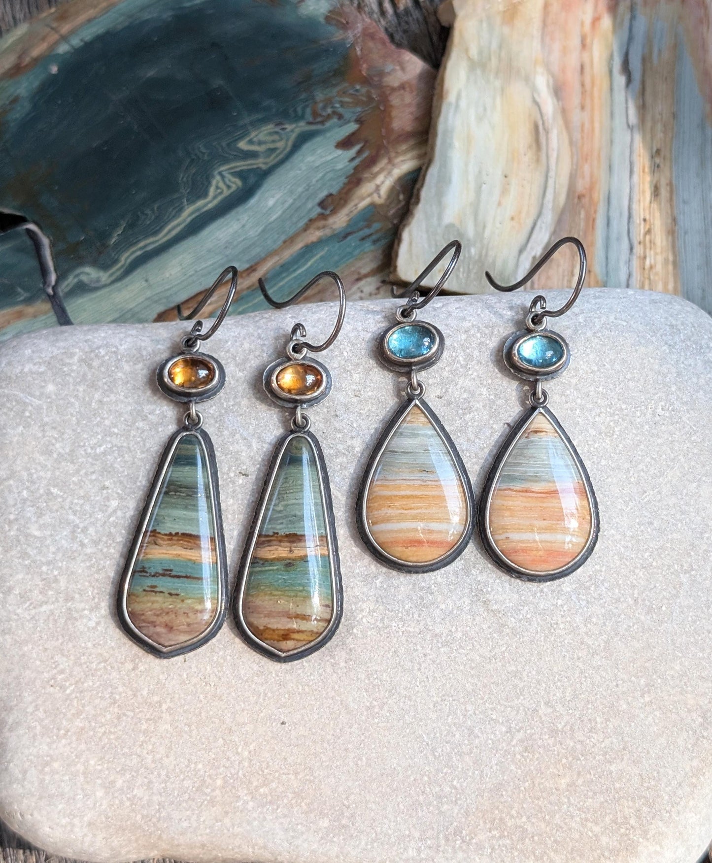 Gary Green Jasper Earrings, Blue Apatite Earrings, Sterling Silver