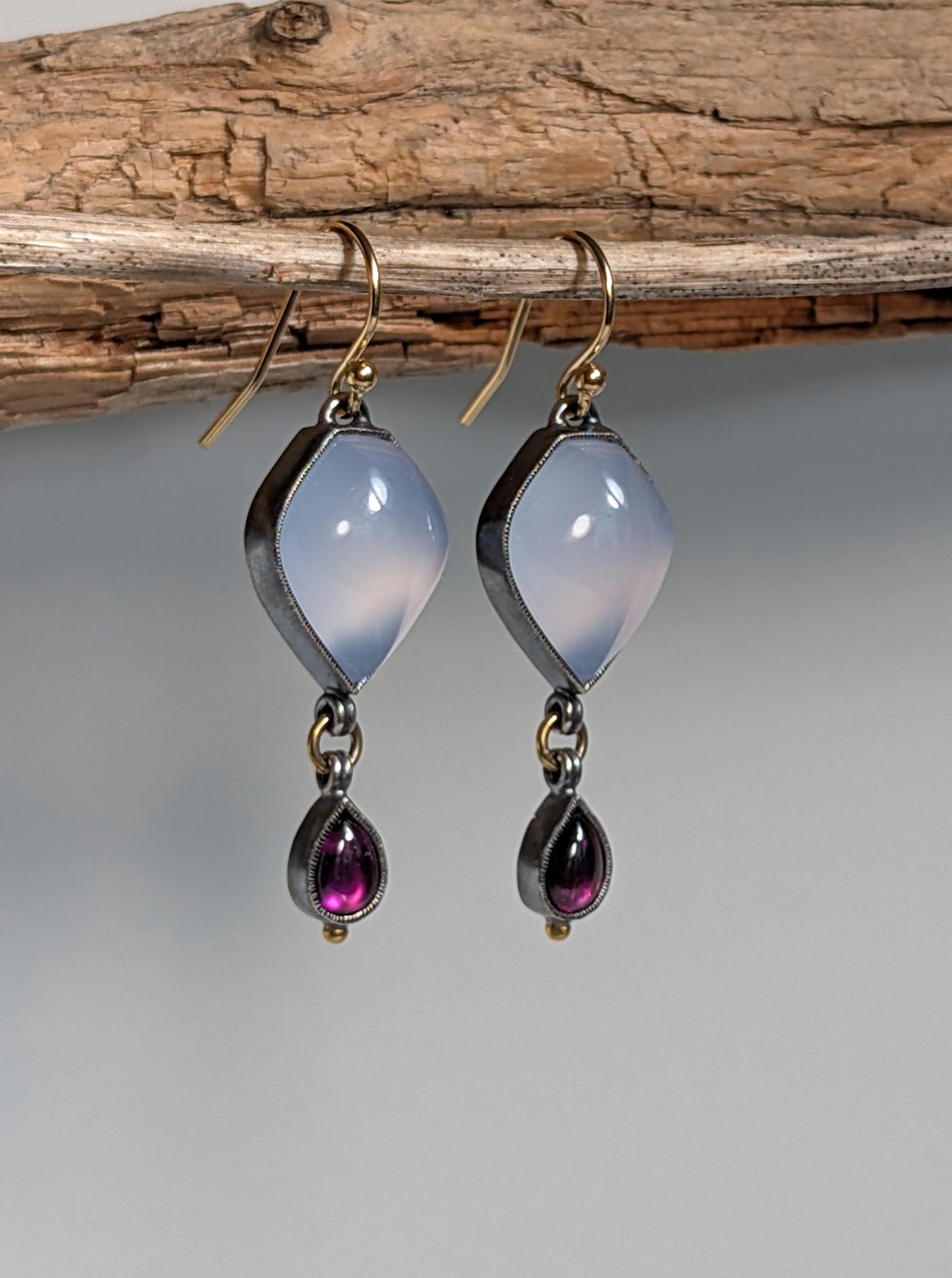 Abyssinian Blue Chalcedony Earrings, Purple Rhodolite Garnet Earrings, Sterling Silver, 18K Gold
