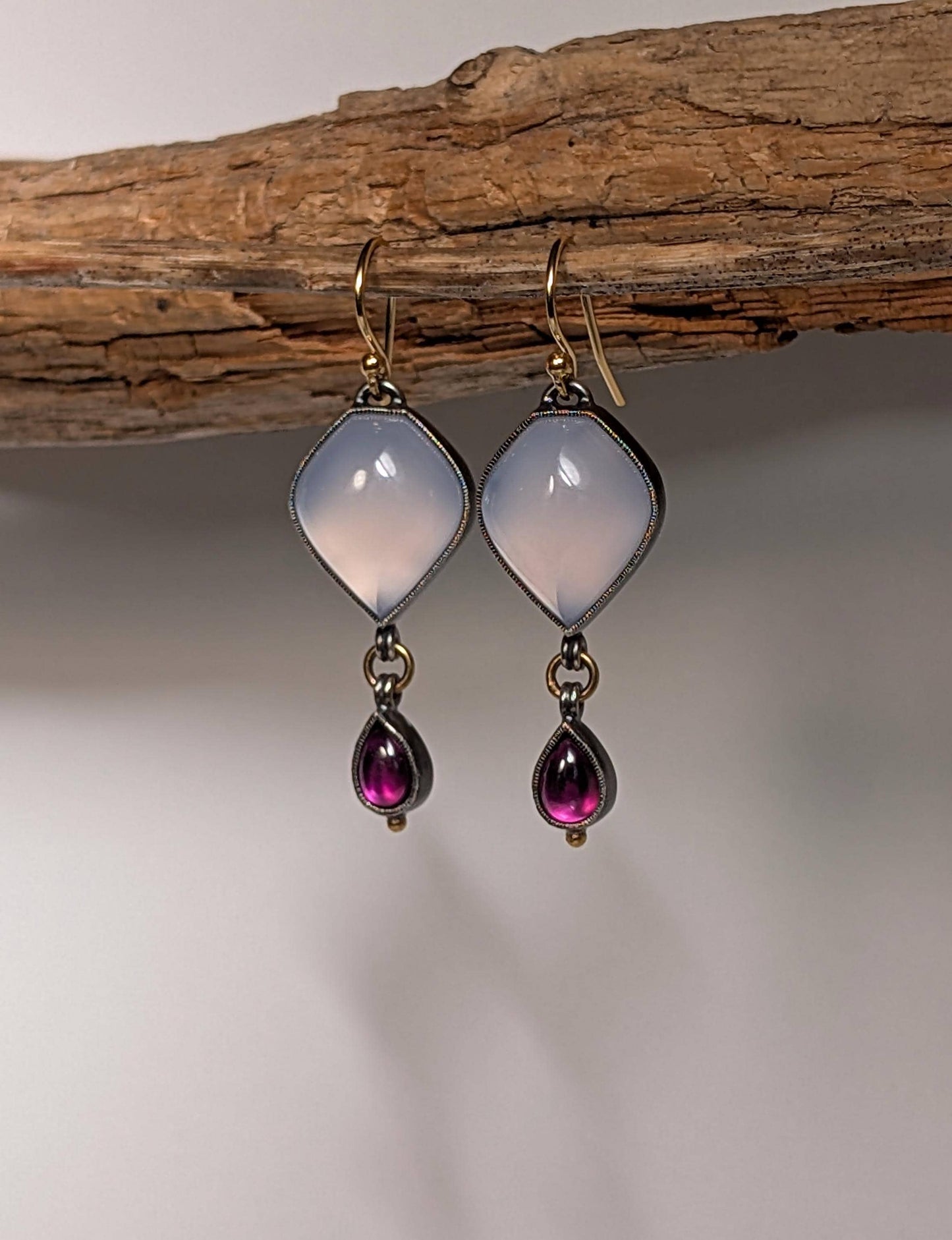 Abyssinian Blue Chalcedony Earrings, Purple Rhodolite Garnet Earrings, Sterling Silver, 18K Gold