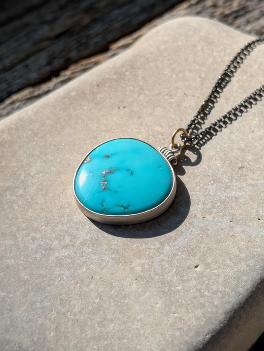 Kingman Turquoise Pendant, Pyrite Turquoise Pendant, Sterling Silver, 18K Gold