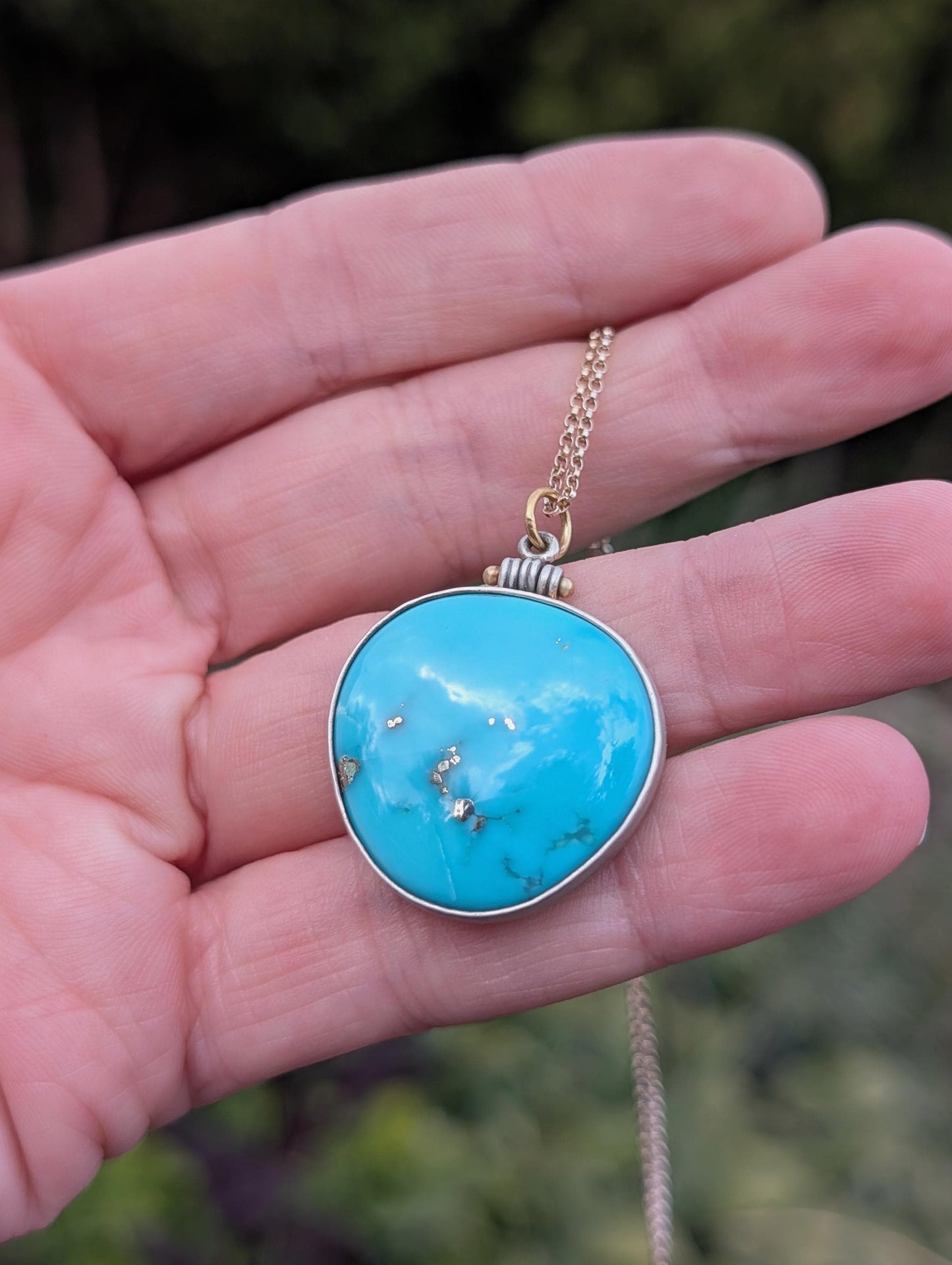 Kingman Turquoise Pendant, Pyrite Turquoise Pendant, Sterling Silver, 18K Gold