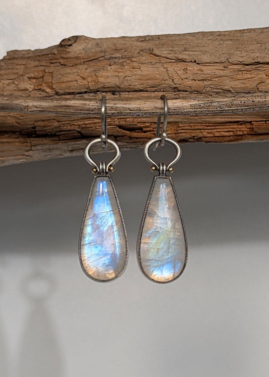 Rainbow Moonstone Earrings, Sterling Silver, 18K Gold
