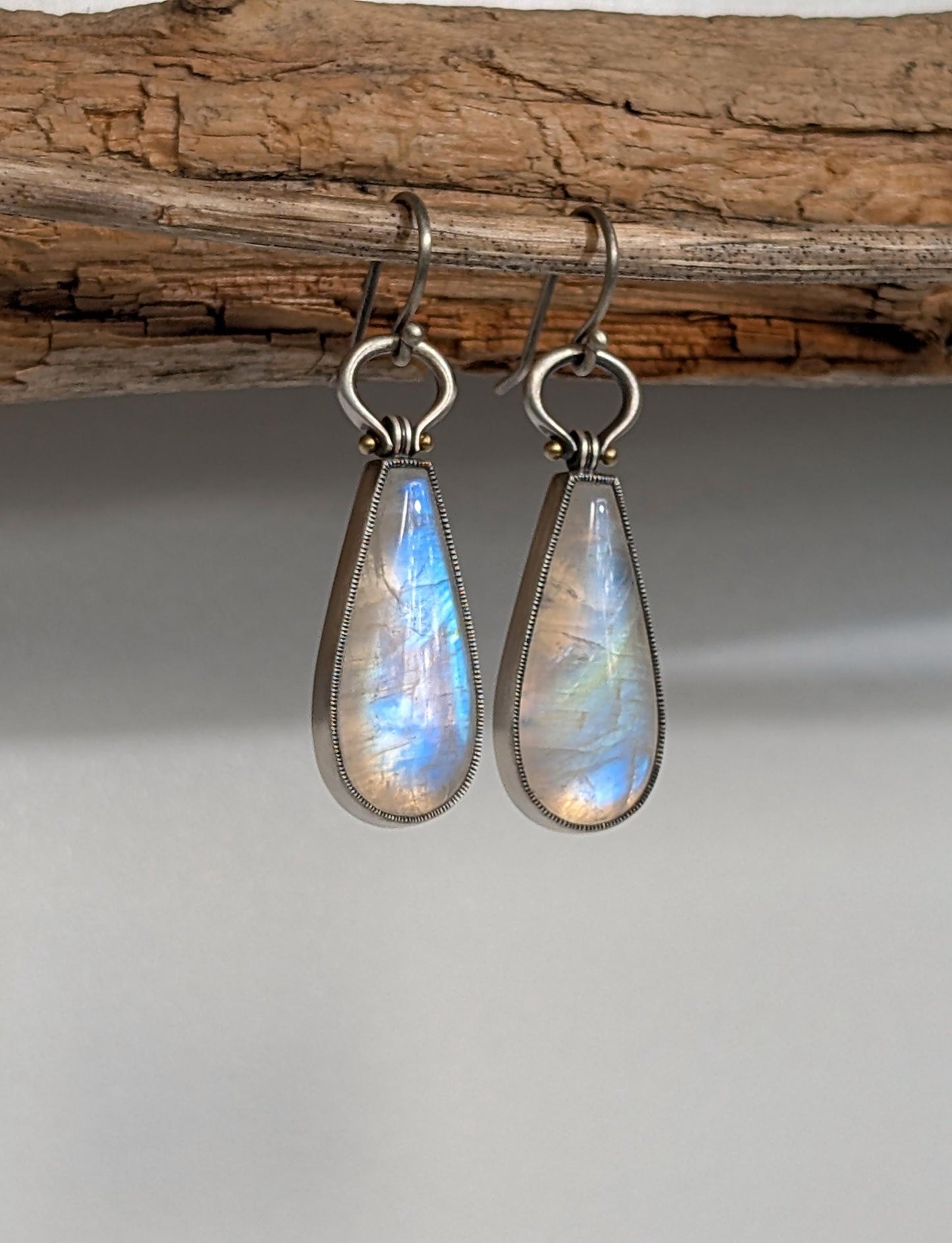 Rainbow Moonstone Earrings, Sterling Silver, 18K Gold