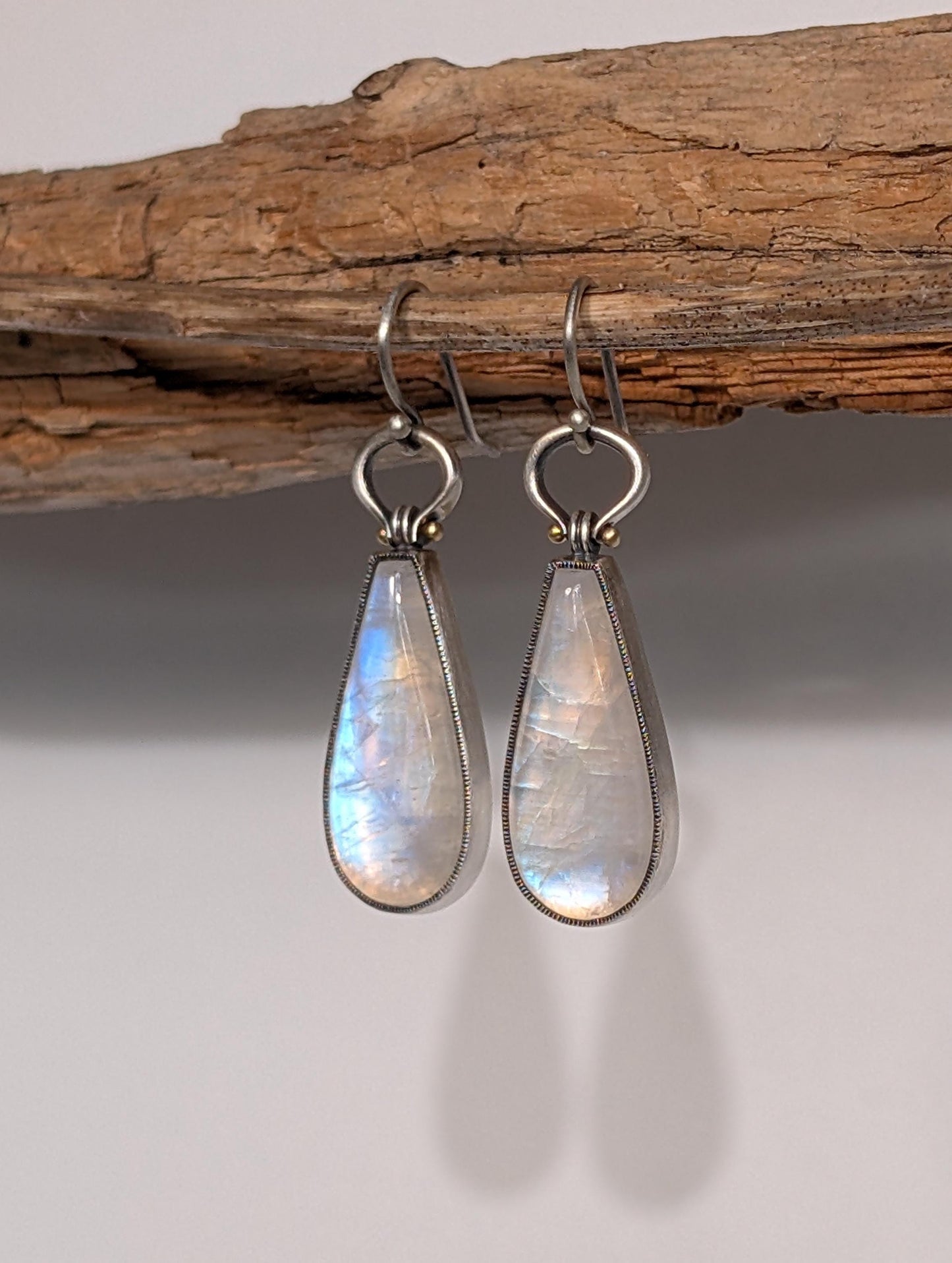 Rainbow Moonstone Earrings, Sterling Silver, 18K Gold