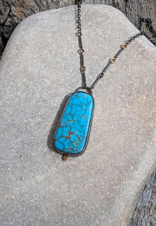 Kingman Spider Webbed Turquoise Pendant, Sterling Silver, 18K Gold