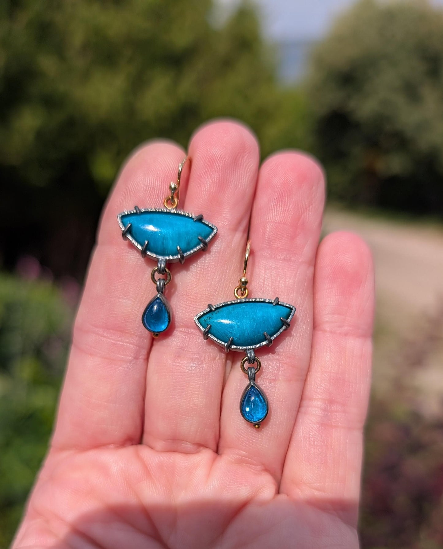 Ray Mine Sagenite Silicated Chrysocolla and Apatite Earrings, Sterling Silver, 18K Gold Accents