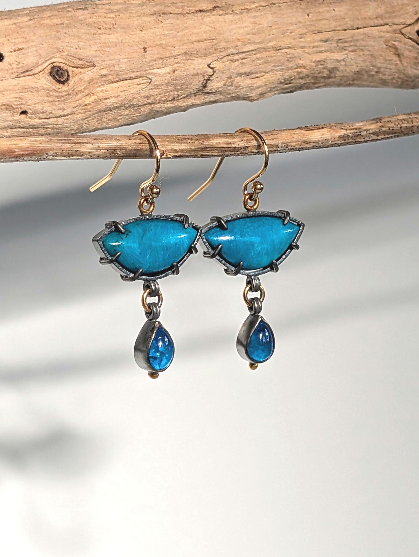 Ray Mine Sagenite Silicated Chrysocolla and Apatite Earrings, Sterling Silver, 18K Gold Accents
