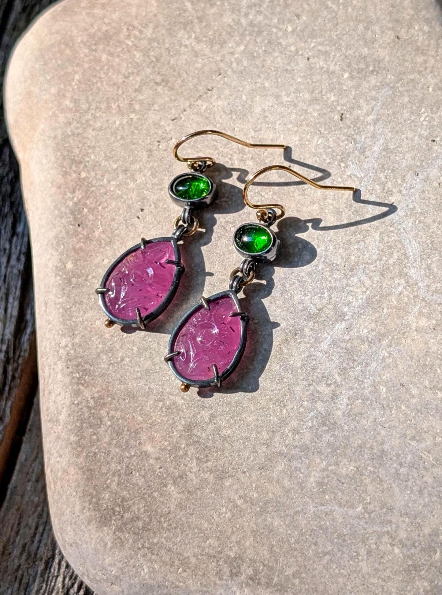 Carved Ruby and Chrome Diopside Earrings, Sterling Silver, 18K Gold Accents