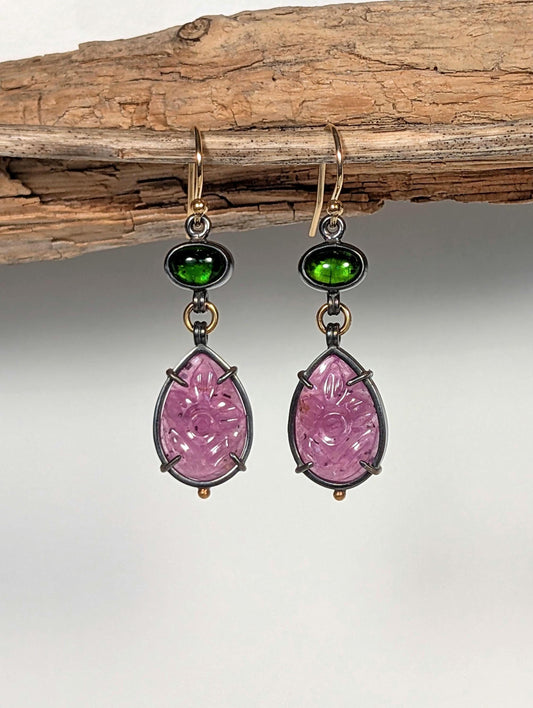 Carved Ruby and Chrome Diopside Earrings, Sterling Silver, 18K Gold Accents