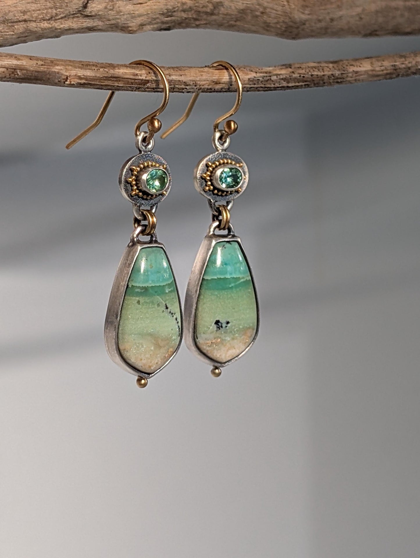 Opalized Wood and Kornerupine Earrings, Sterling Silver, 18K Gold Accents