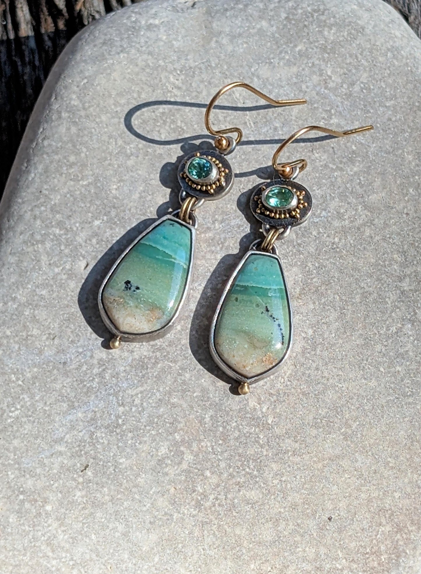 Opalized Wood and Kornerupine Earrings, Sterling Silver, 18K Gold Accents