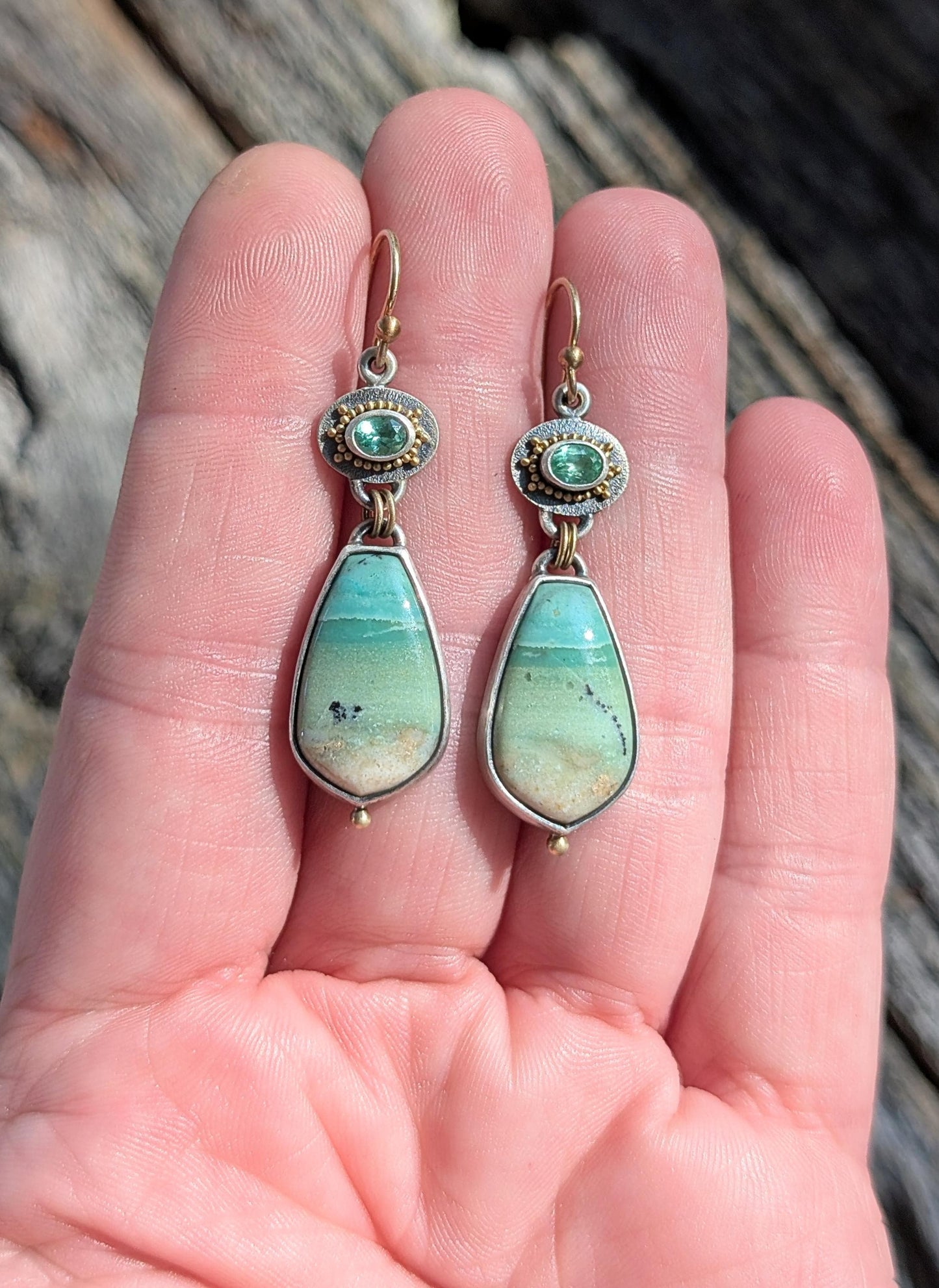 Opalized Wood and Kornerupine Earrings, Sterling Silver, 18K Gold Accents