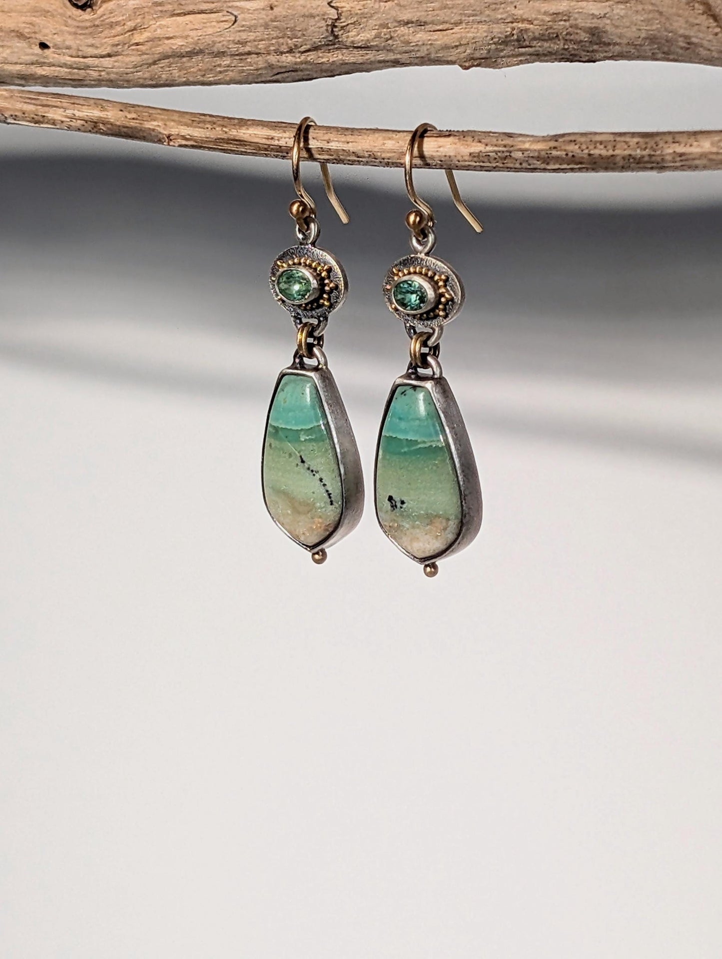 Opalized Wood and Kornerupine Earrings, Sterling Silver, 18K Gold Accents