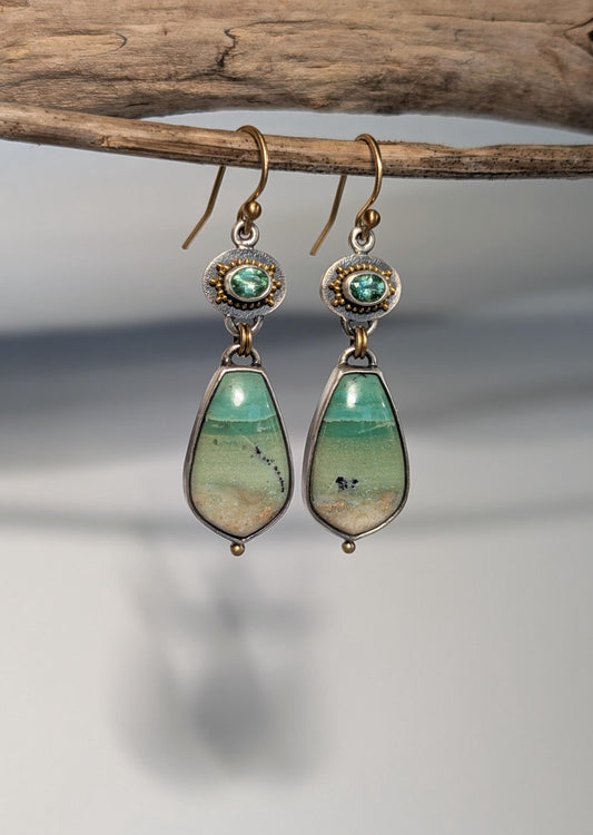 Opalized Wood and Kornerupine Earrings, Sterling Silver, 18K Gold Accents