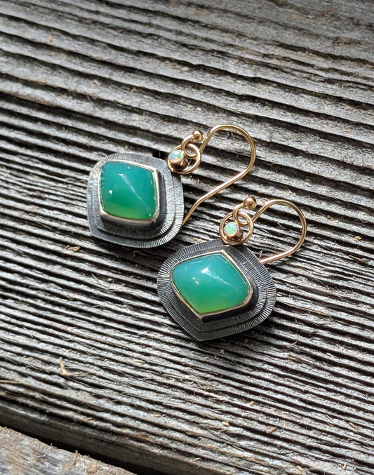 Australian Chrysoprase Earrings, Australian Opal Earrings, Sterling Silver 14K Gold