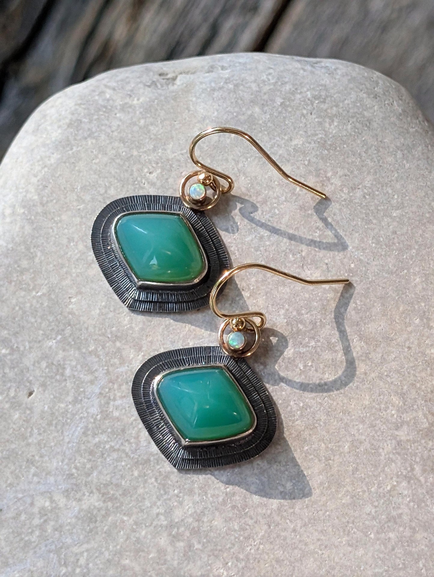 Australian Chrysoprase Earrings, Australian Opal Earrings, Sterling Silver 14K Gold