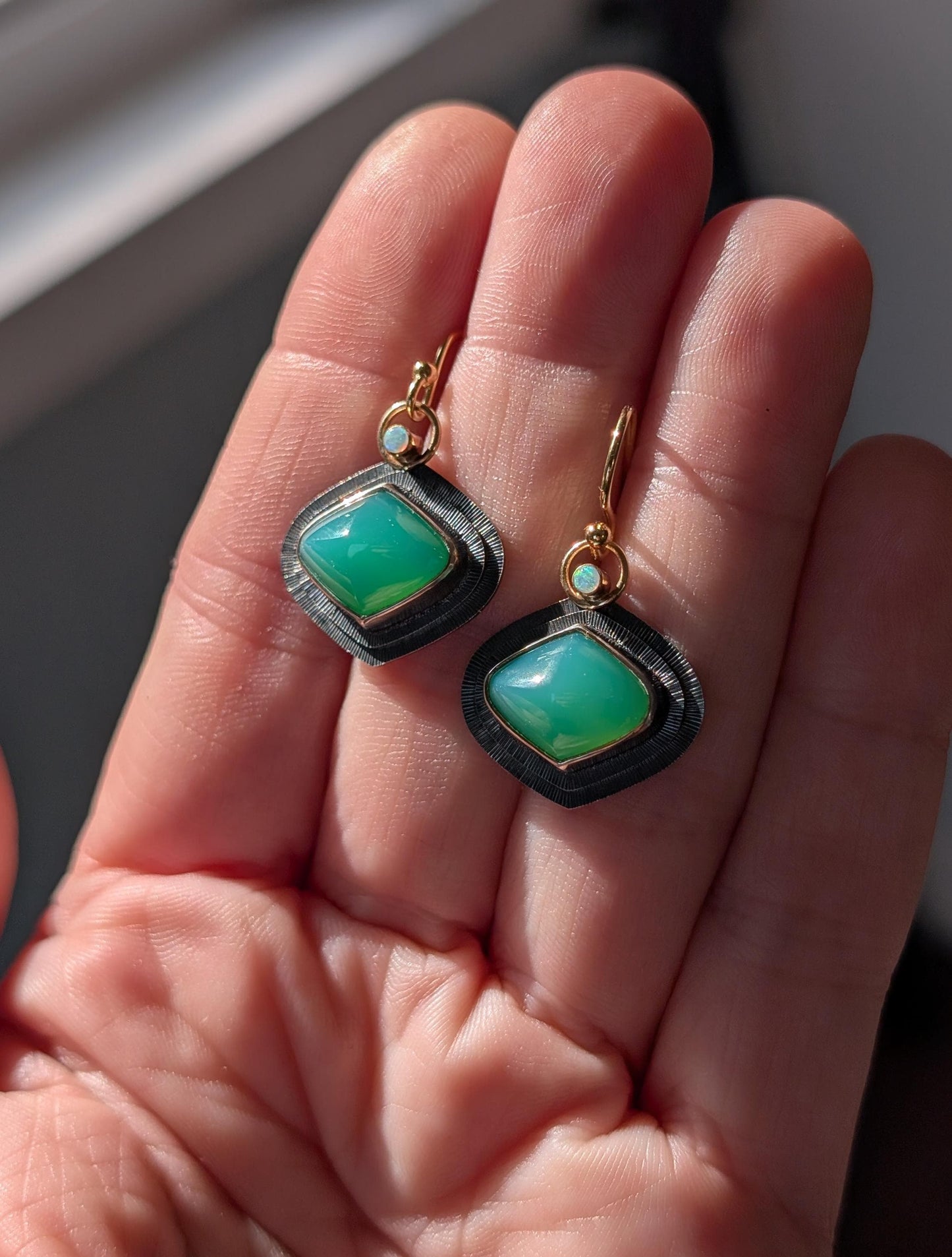 Australian Chrysoprase Earrings, Australian Opal Earrings, Sterling Silver 14K Gold