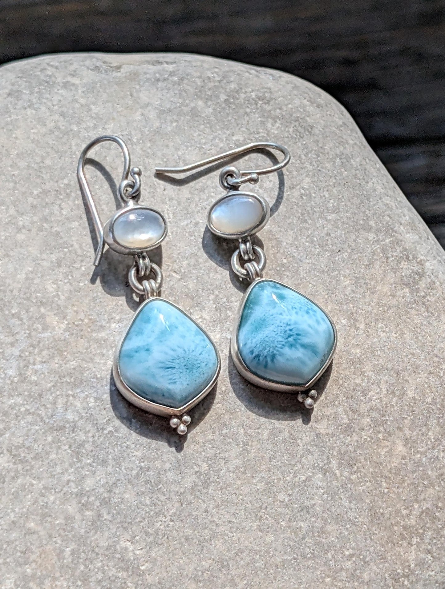 Larimar and White Moonstone Earrings, Sterling Silver