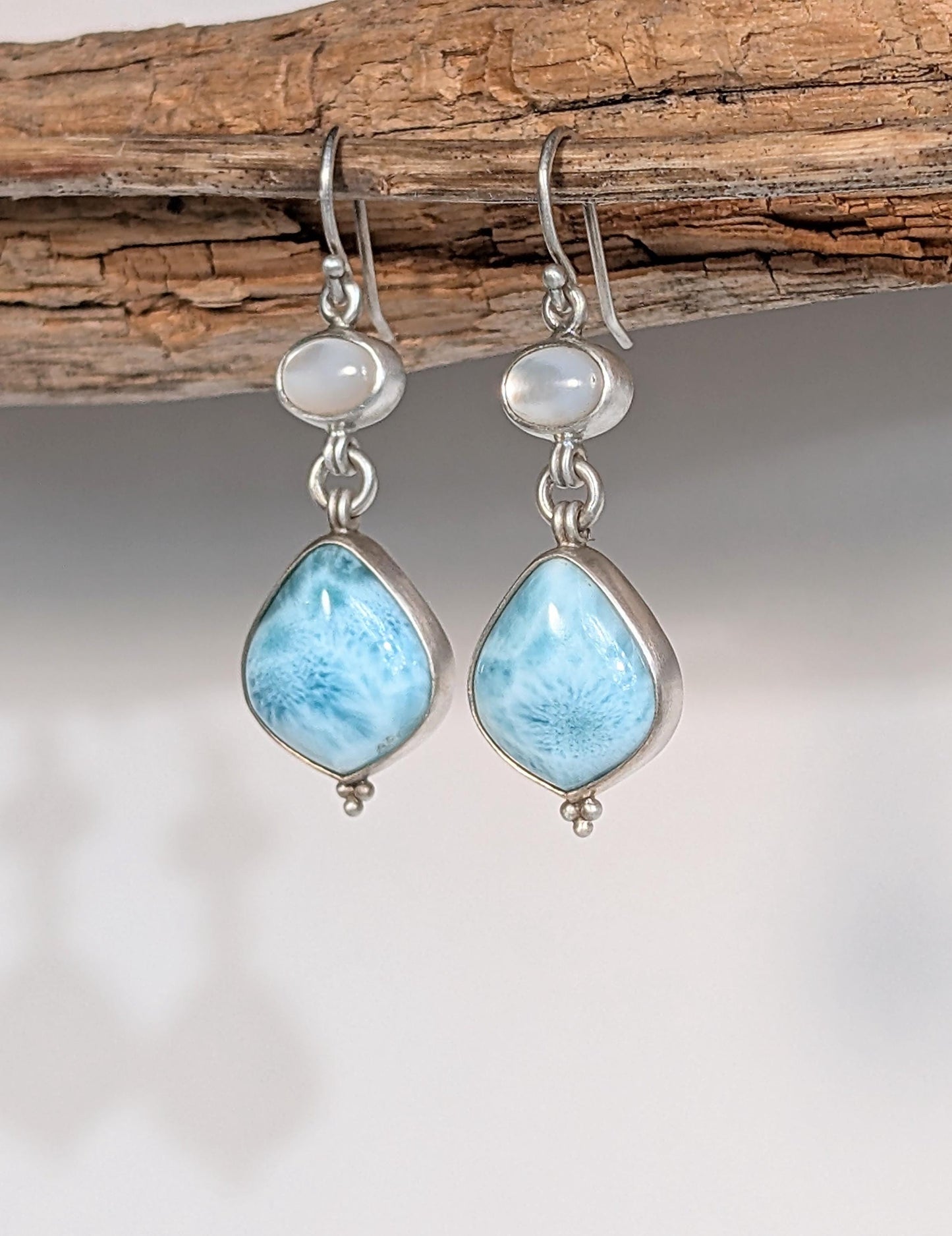 Larimar and White Moonstone Earrings, Sterling Silver