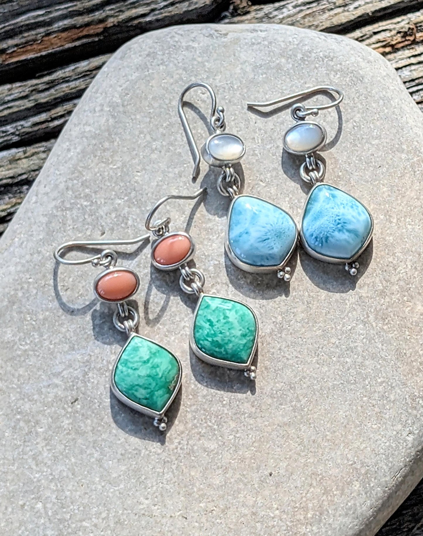 Larimar and White Moonstone Earrings, Sterling Silver