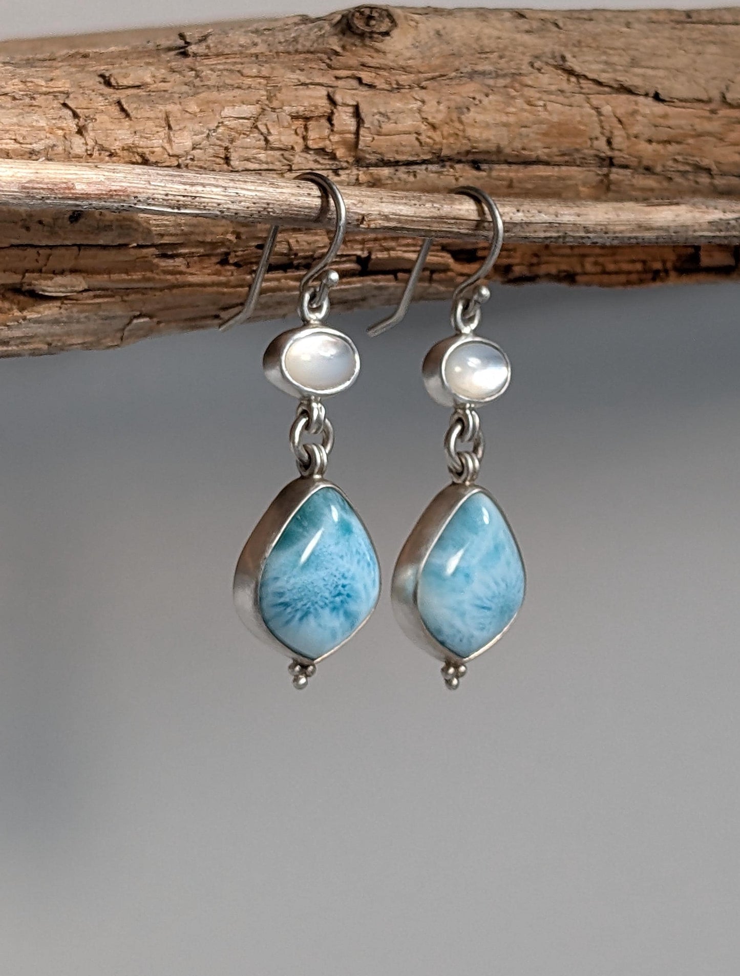 Larimar and White Moonstone Earrings, Sterling Silver