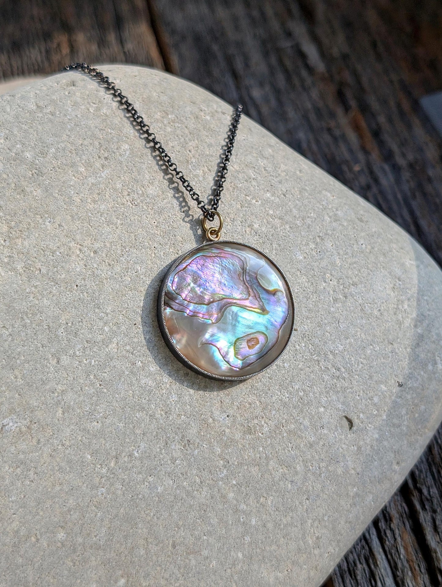 Abalone Pendant, Oxidized Sterling Silver, 18K Gold Accents