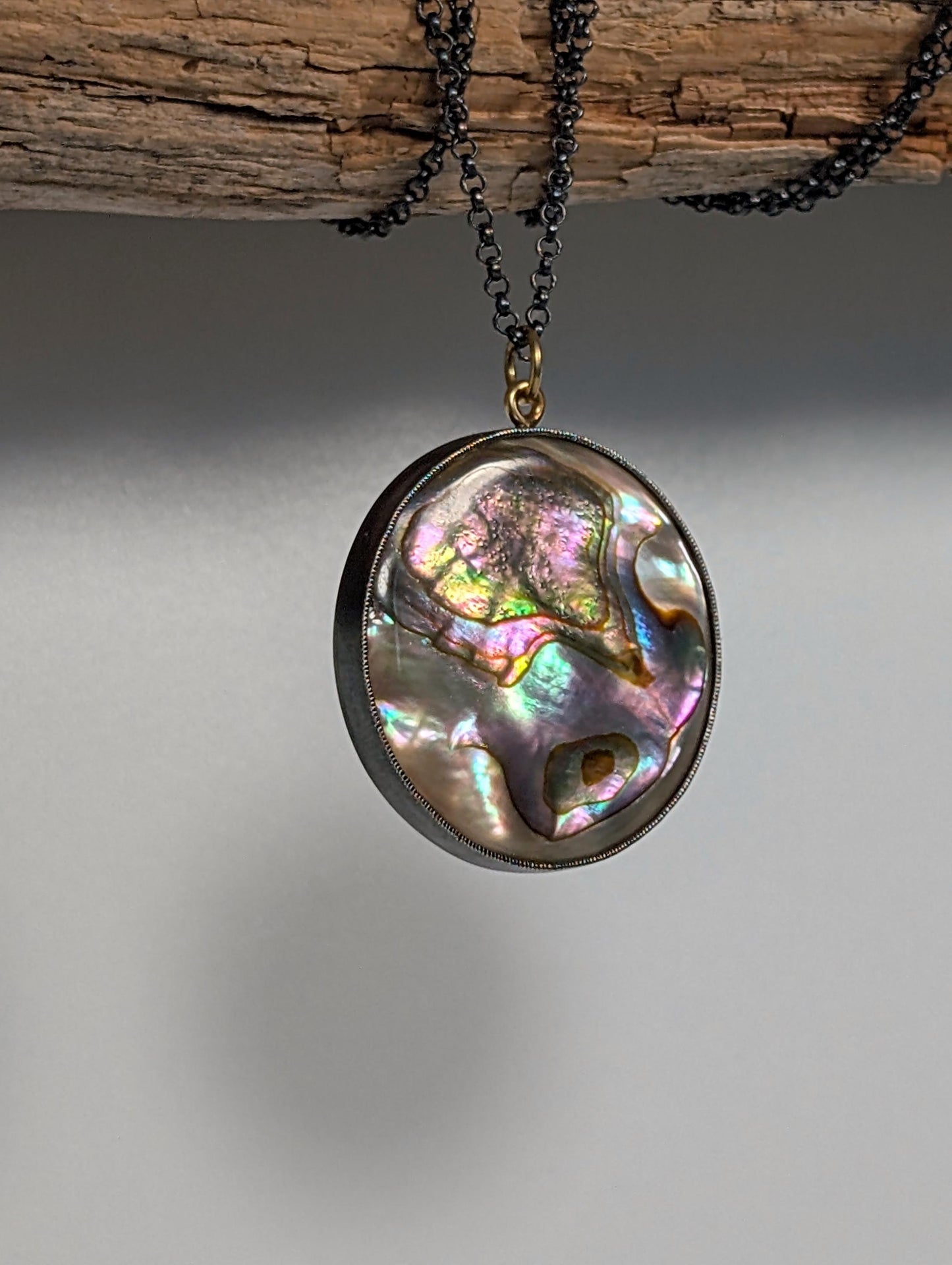 Abalone Pendant, Oxidized Sterling Silver, 18K Gold Accents