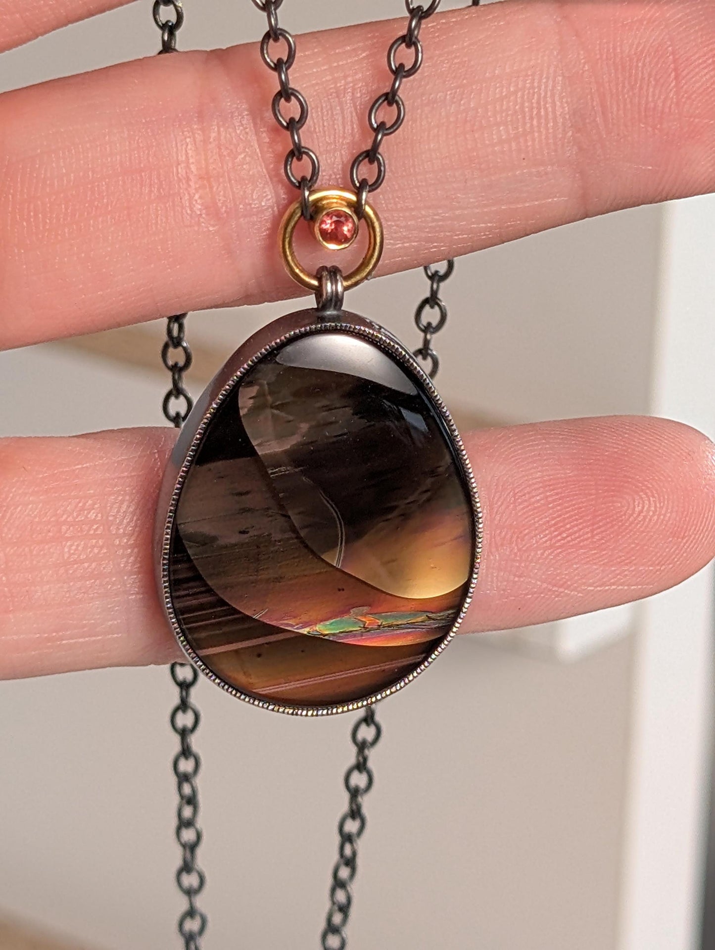 Oregon Fire Obsidian and Oregon Sunstone Pendant, Sterlng Silver and 18K Gold