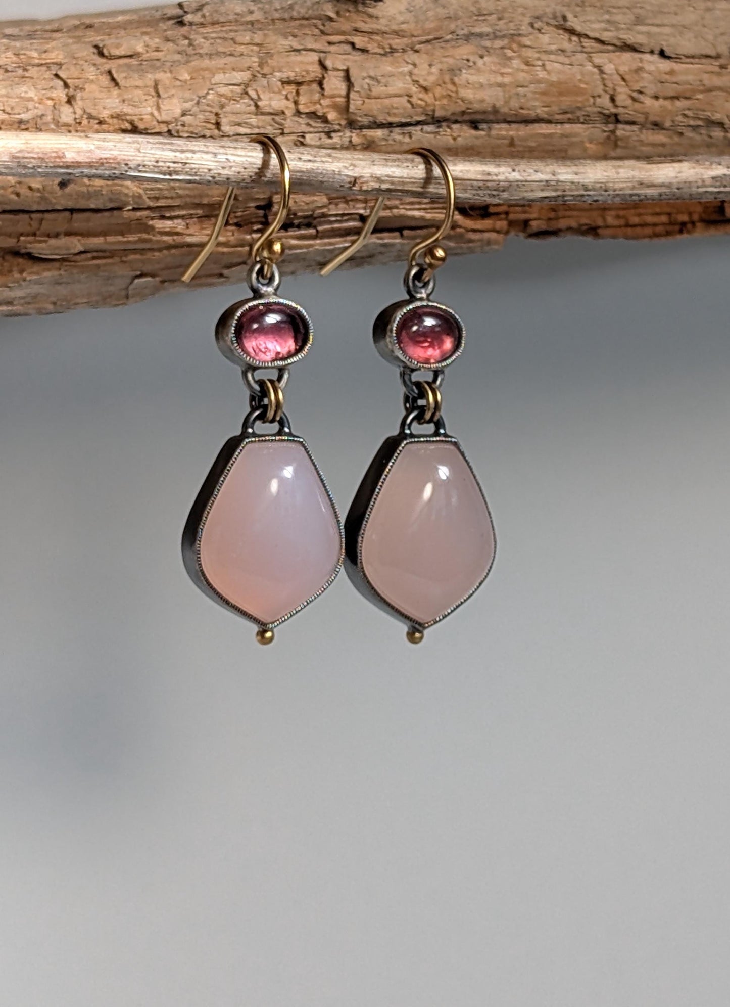 Pink Chalcedony and Pink Tourmaline Earrings, Sterling Silver, 18K Gold