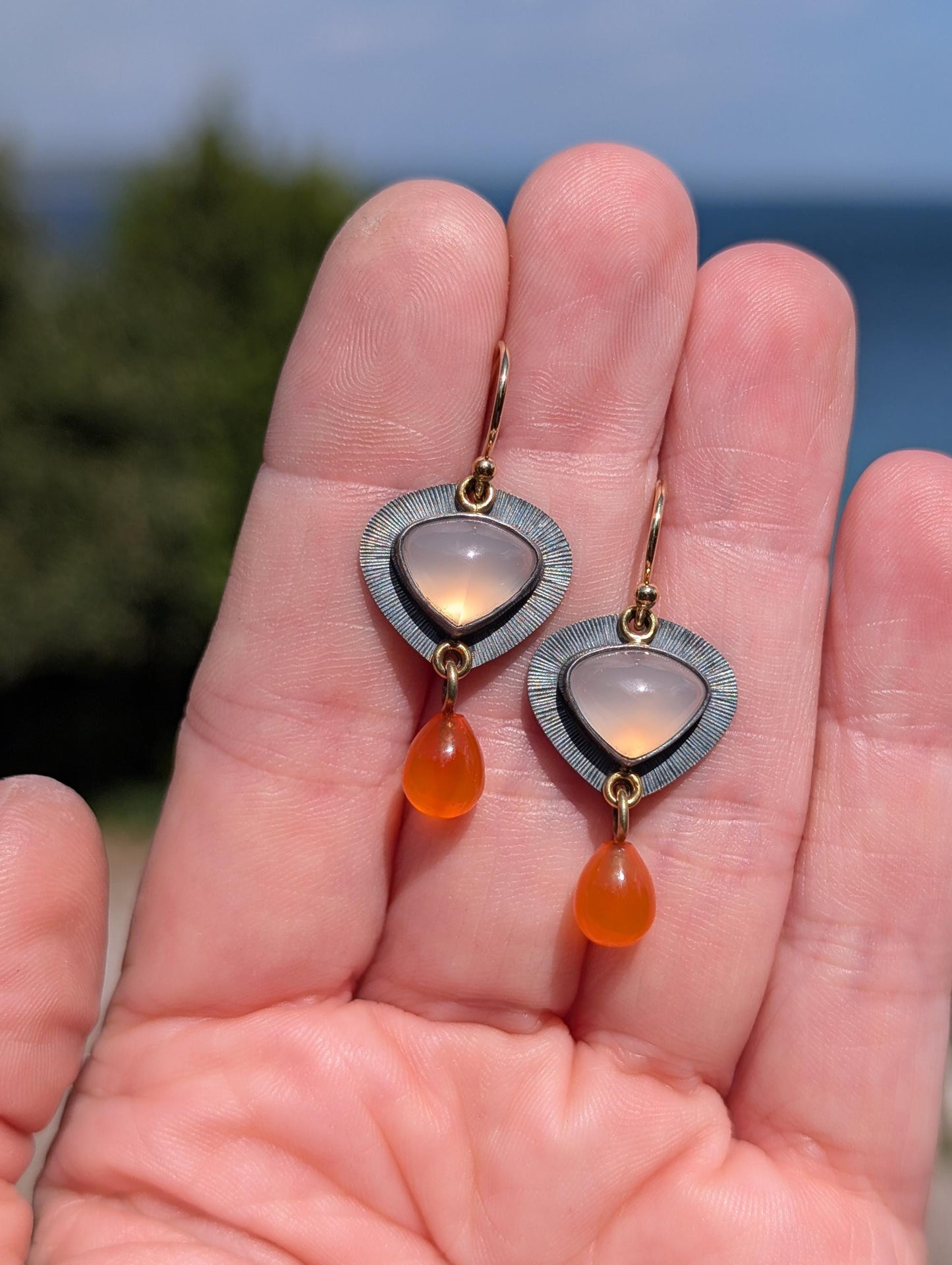 Peach Chalcedony Earrings, Carnelian Earrings, Sterling Silver, 18K Gold