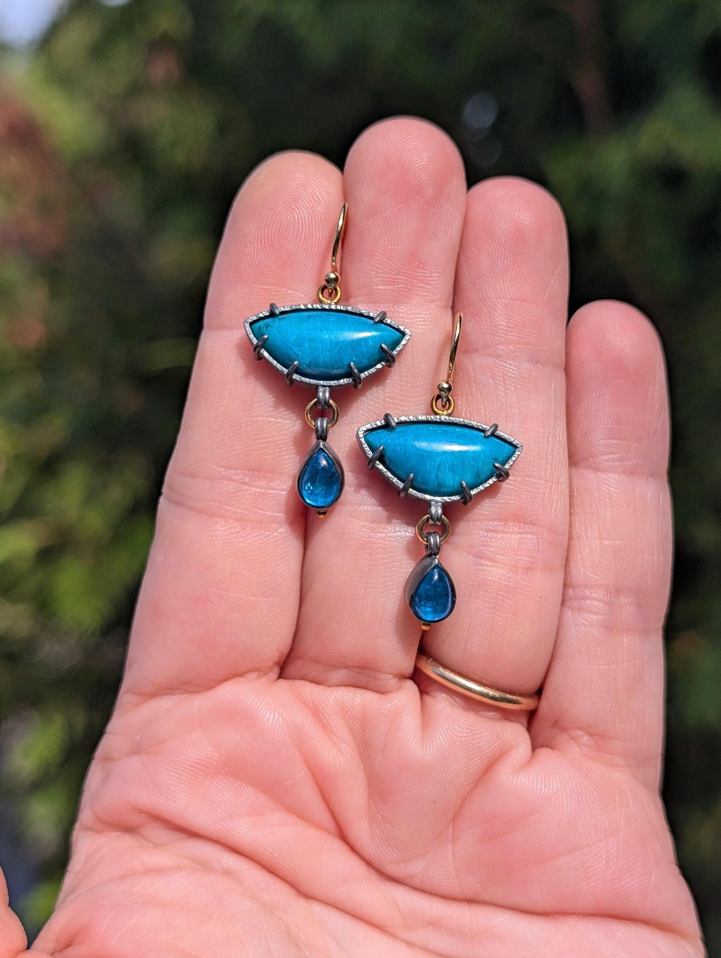 Ray Mine Sagenite Silicated Chrysocolla and Apatite Earrings, Sterling Silver, 18K Gold Accents