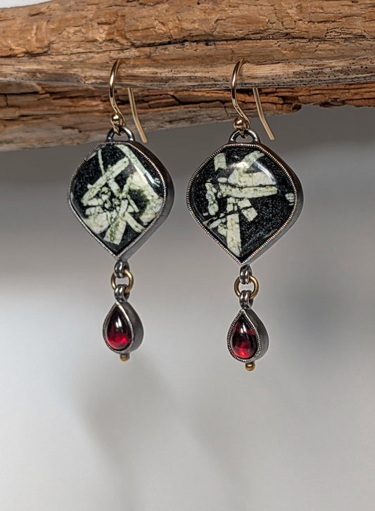 Chinese Writing Stone Earrings, Garnet Earrings, Sterling Silver, 18K Gold