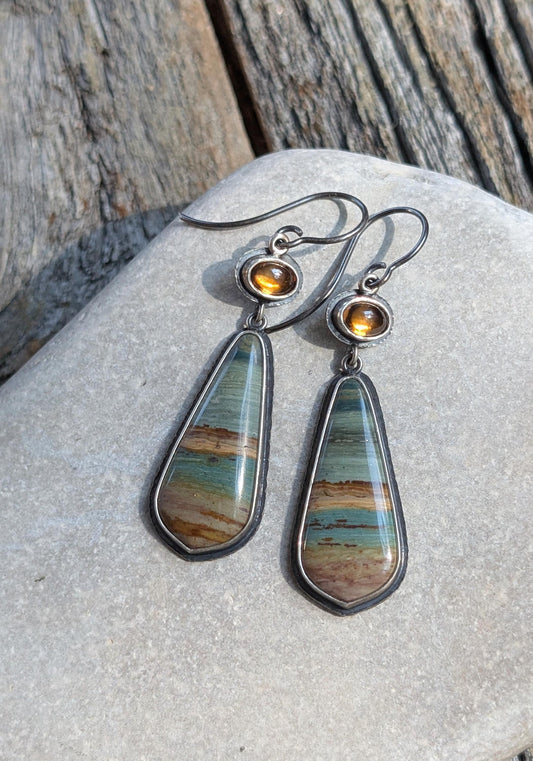 Gary Green Jasper Earrings, Cognac Zircon Earrings, Sterling Silver