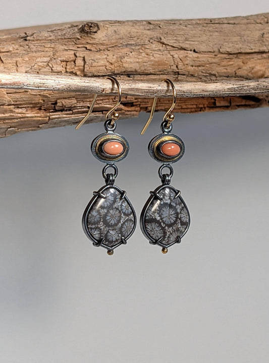 Fossilized Coral Earrings, Vintage Coral Earrings, Sterling Silver, 18K Gold
