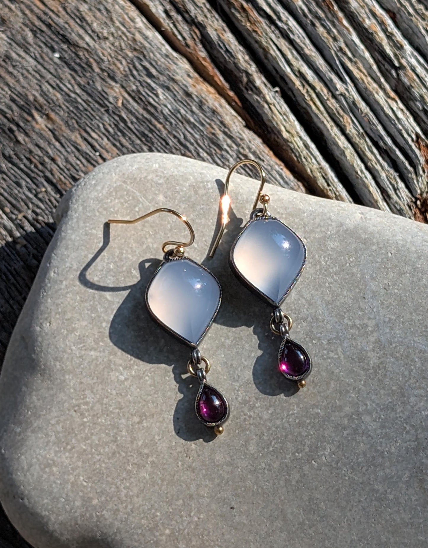 Abyssinian Blue Chalcedony Earrings, Purple Rhodolite Garnet Earrings, Sterling Silver, 18K Gold