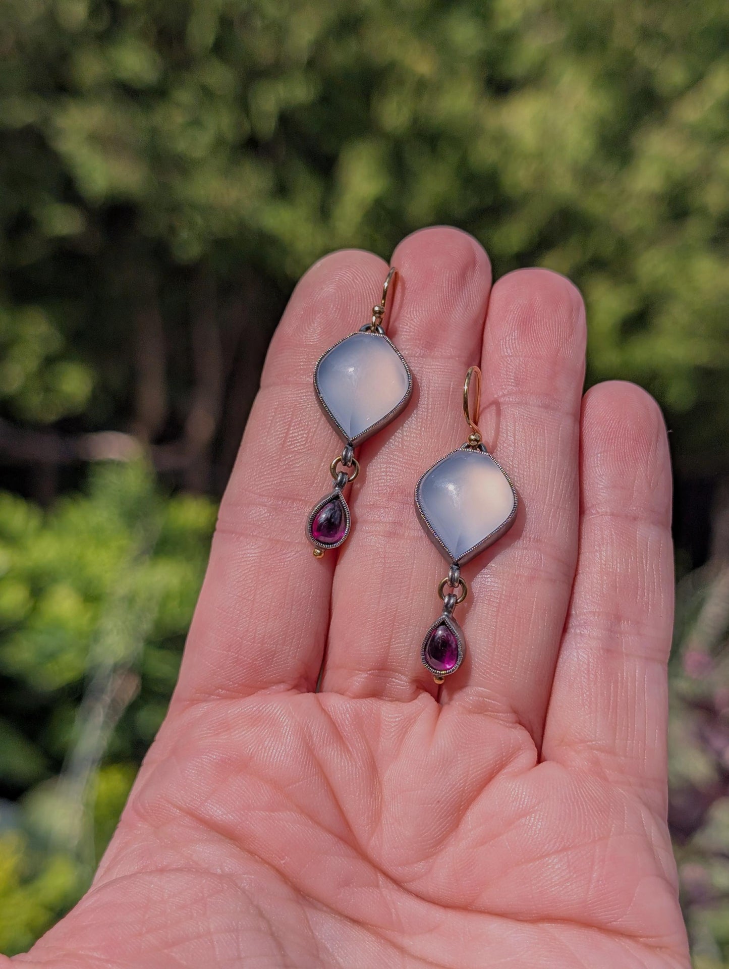 Abyssinian Blue Chalcedony Earrings, Purple Rhodolite Garnet Earrings, Sterling Silver, 18K Gold