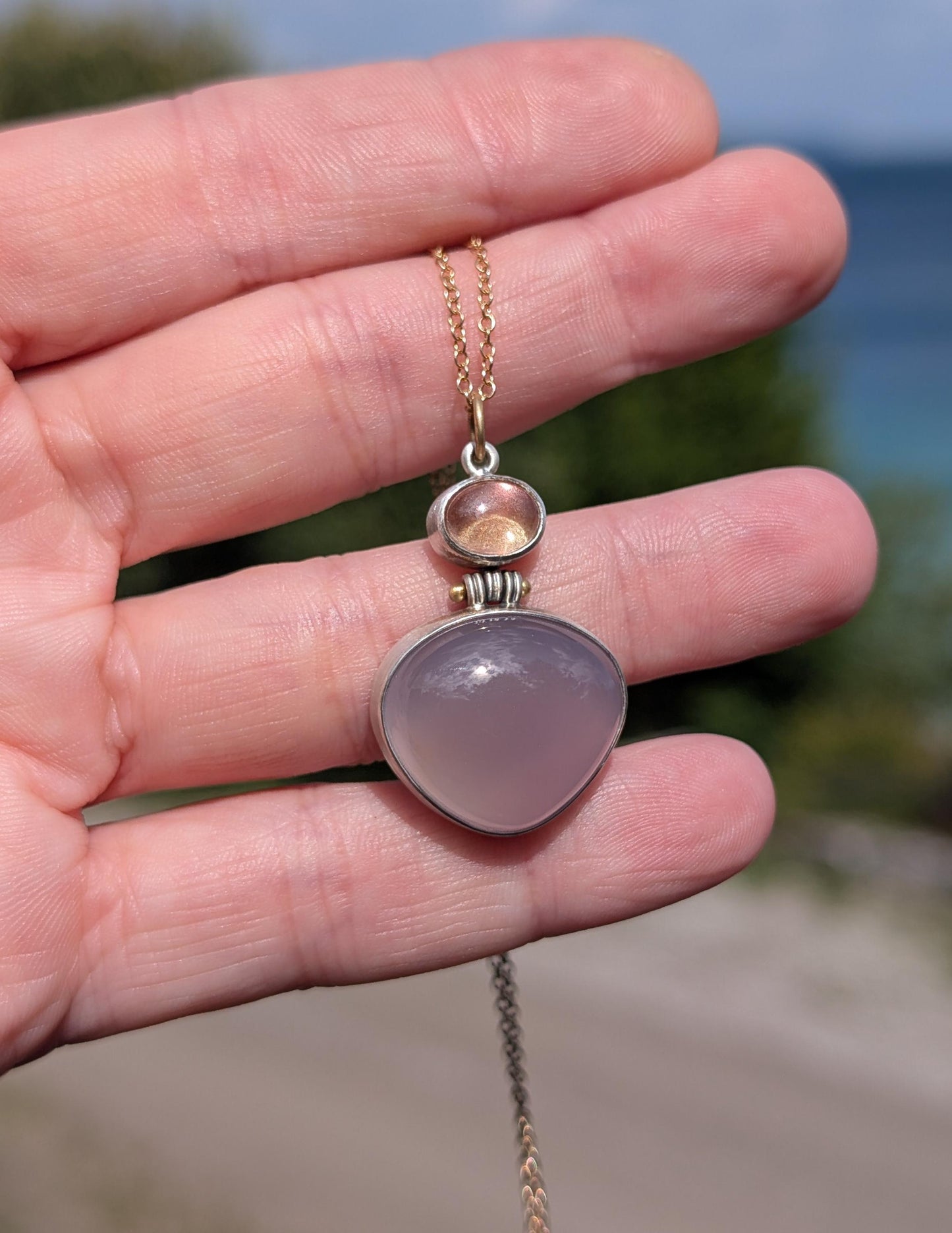 Purple Chalcedony Pendant, Oregon Sunstone Pendant, Sterling Silver, 18K Gold