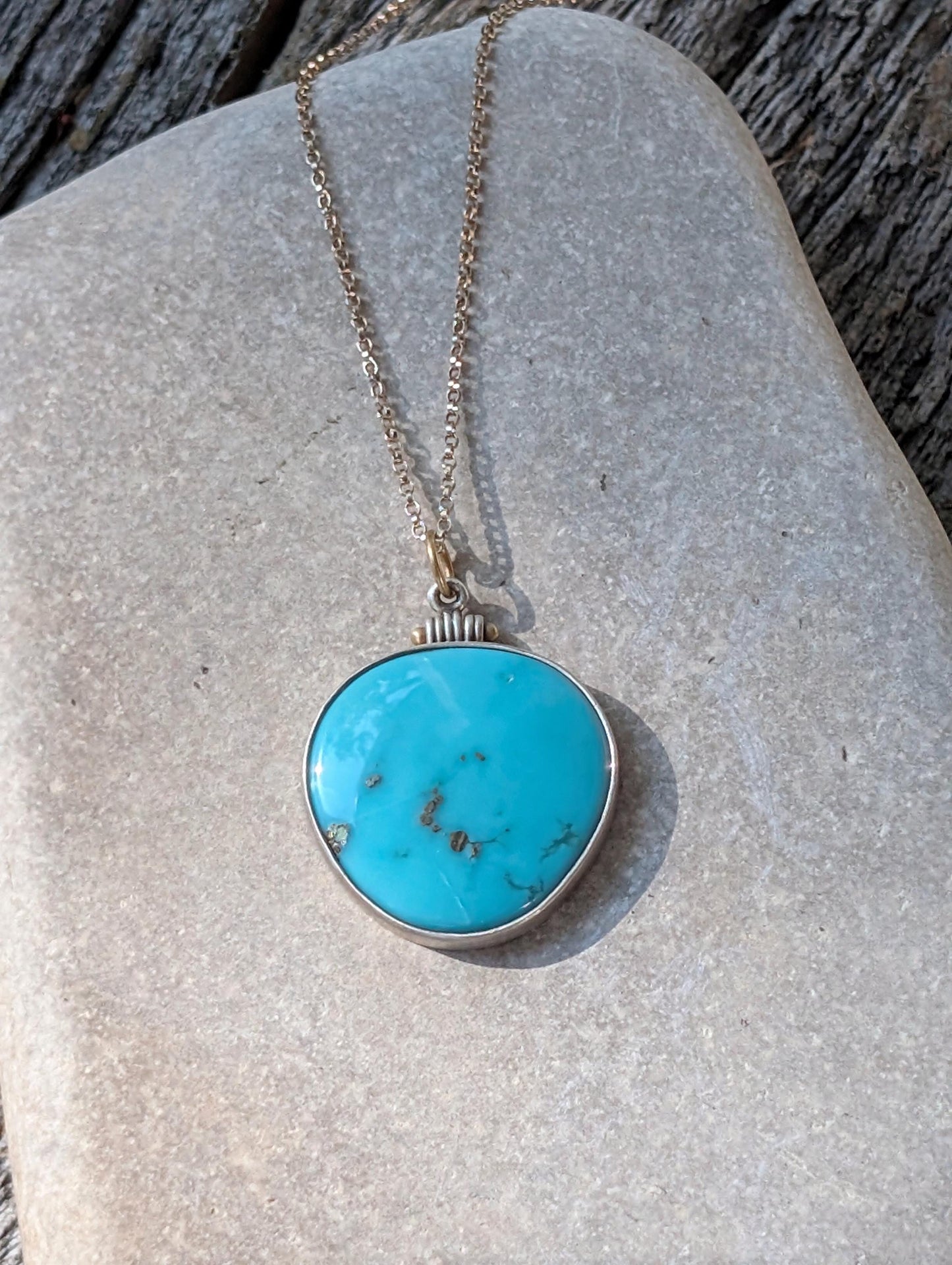 Kingman Turquoise Pendant, Pyrite Turquoise Pendant, Sterling Silver, 18K Gold