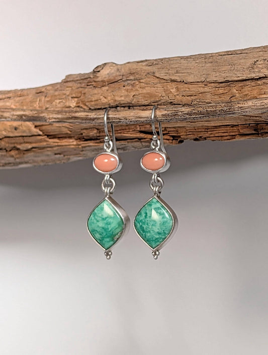 Lucin Variscite Earrings, Vintage Angelskin Coral Earrings, Sterling Silver
