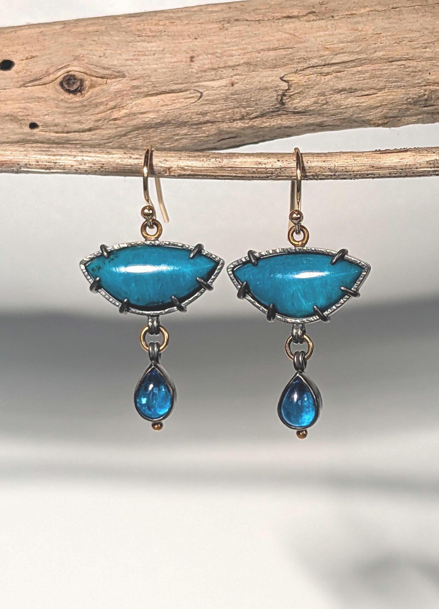 Ray Mine Sagenite Silicated Chrysocolla and Apatite Earrings, Sterling Silver, 18K Gold Accents